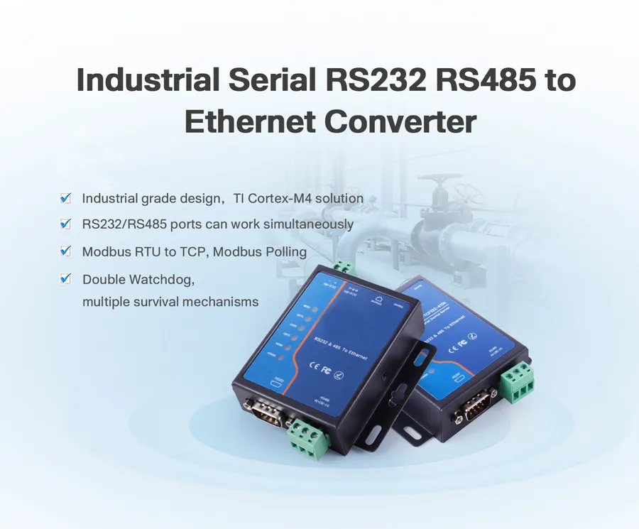 1 RS-232, 1 RS-485 Serial Port to 1 10/100base-T (X) Self-Adaptive Ethernet Interface Modbus to Ethernet Converters