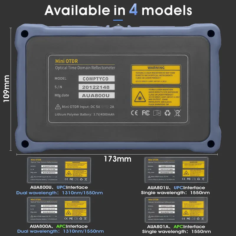 12 in 1 100km Mini OTDR 1310/1550nm 26/24dB Fiber Optic Reflectometer Touch Screen Vfl Ols Opm Event Map Ethernet Cable Tester