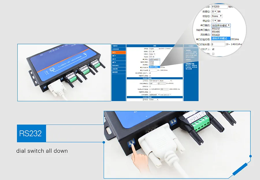 4 RS-232, RS-485/422 3in1 Serial Port to 1 10/100base-T (X) Self-Adaptive Ethernet Interface Industrial 4 Ports Serial to IP Converters