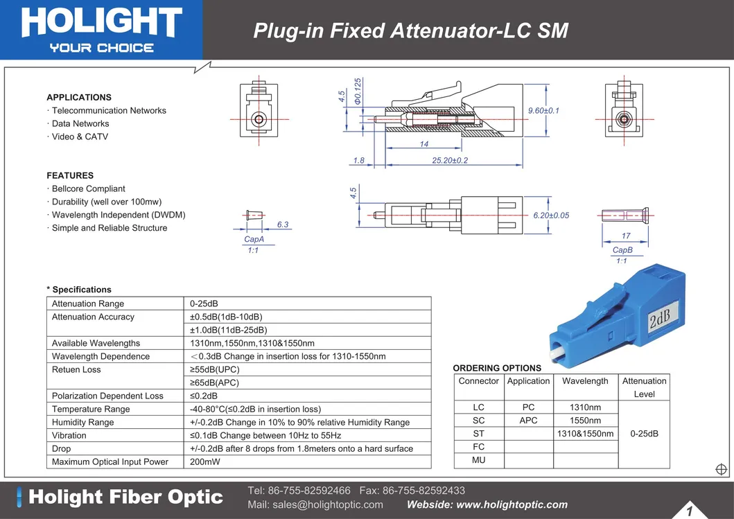 LC Plug-in Type Fiber Optic 5dB Attenuator